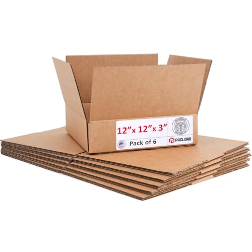 Image of Flat Cardboard Boxes 12 inchL x 12 inchW x 3 inchH (Pack of 6) - USA-Made Packing Boxes for Moving, Shipping, or Storage - USPS, UPS, FedEx Approved - Professional Packing Supplies for Moving