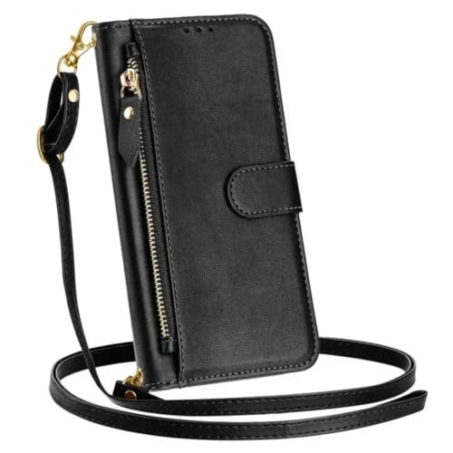 Étui portefeuille Galaxy S25+ noir avec fermeture éclair et sangle pratique