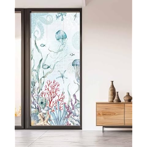 Jellyfish Blue Window Privacy Film Stained Glass Window Film Decorative Window Cover Static Window Cling for Glass Door Summer Ocean Coral Starfish Fish Shells Window Stickers for Bathroom 35.4"x78.7" Cover