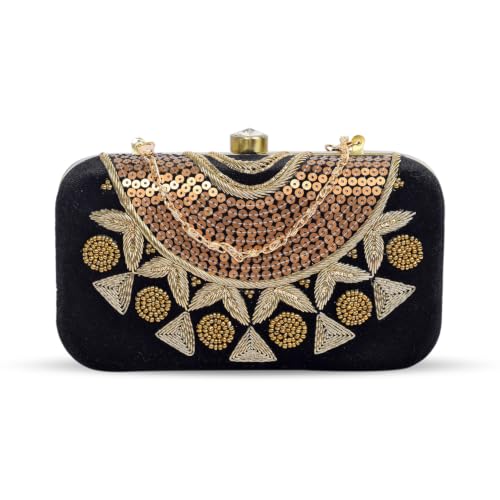 Image of umera golden clutch for womens neck work full of embroidery for girls, Women's Beautiful Bling Bag | Evening Bag, Bridal Purse & Party Handbag | Wedding & Special Occasion Clutch