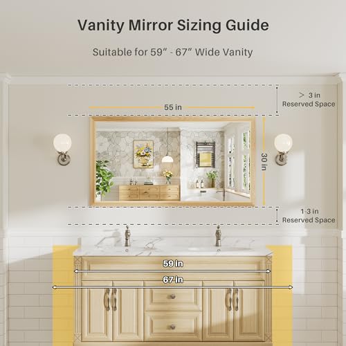 Image of 55x30 Inch Bathroom Mirror for Wall, Anti-Rust Oak Wood Grain Metal Framed Bathroom Mirrors for Over Sink,Rectangler Mirrors for Bathroom Vanity, Farmhouse, Bedroom, Living Room, Entryway Decor
