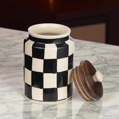 Image of Airtight Ceramic Jar with Wooden Lid (Pack of 2) - 1000ml Each - Kitchen Storage Containers for Sugar, Tea, Salt, Pickles, Pulses & More (Yellow & Black)