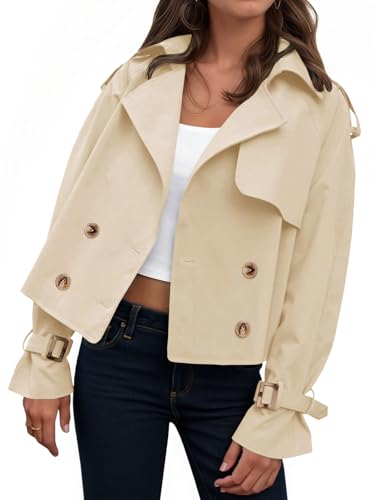 Image of Tankaneo Womens Cropped Trench Coat Oversized Double Breasted Lapel Long Sleeve Short Jacket Fashion Outerwear