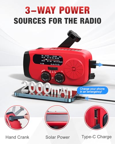 Image of Emgykit Hand Crank Radio with AM /FM /NOAA Weather Band,for Emergencies | 3 LED Flashlights,SOS Function,Solar Powered,Hand Cranked, 2000mAh /7400mWh Charger,for Power Outage - Red