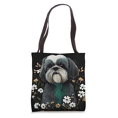 Bolso Tote Negro con Diseño Floral y Perro Shih Tzu miniatura 1