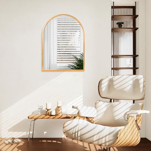 Image of Arched Gold Framed Wall Mirror, 26 inchx18 inch Aluminum Alloy Bathroom Mirror for Wall, for Bedroom Entryway Living Room Vanity Large