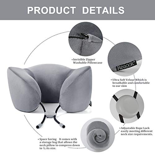 RENOOK Travel Pillow, 100% Pure Memory Foam Neck Pillow, Ideal for Airplane Travel, Improved Support Design – Machine Washable Cover.