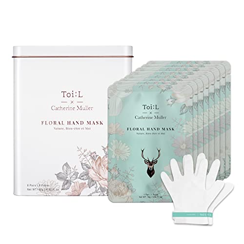 x Catherine Muller Floral Hand Mask 8 Pairs, Moisturizing Gloves for Dry Hands with Elder Flower & CICA, Reparing and Nourishing Hand Care Treatment for Cracked, Rough, and Dry Skin