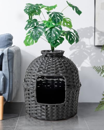 Image of SETVSON Cat Litter Box Plant Furniture Enclosure, Hidden Handwoven Rattan with Cat Litter Box and Artificial Plants, Odor Control Filter, Real Stones in Living Room, Bedroom, Corner (Black)
