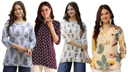 Image of Women's Printed Short Kurti Tops Rayon Cotton Blend Tunic Combo