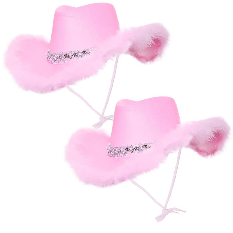 My Illusions 2 Pack Cowgirl Hats Western-Themed Hen Night Fancy Dress Ladies Festival Cowboy Costume Accessories (Pink with Marabou Feathers)