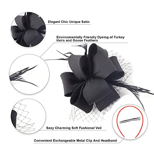 Myjoyday Women's Fascinators Hat For Tea Party Church Cocktail, Feathers Veil Headband With Hair Clip (Black) #TOP4