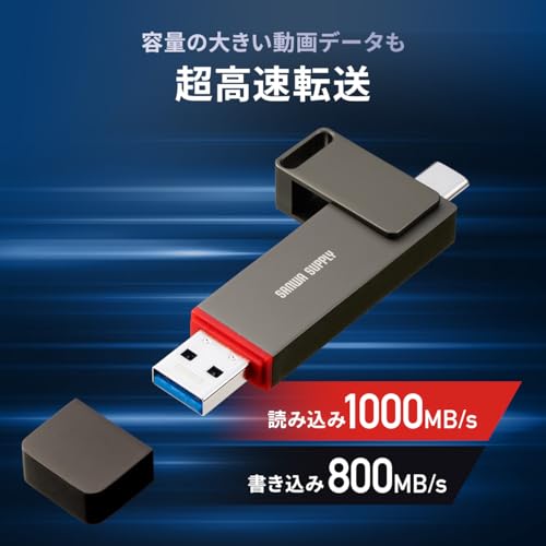 サンワダイレクト SSD 外付け 256GB 読み込み最大1000MB/s 高速 USB C/USB-A ポータブルSSD PS5対応 スティック 録画用 ガンメタリック 600-USSC256GB