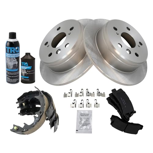 Image of TRQ Rear Brake Pad & Rotor Kit, with Chemical Kit Parking Brake Shoe Set Ceramic Compatible with 1997-1999 Lexus ES300 1992-1999 Toyota Camry 1999 Solara