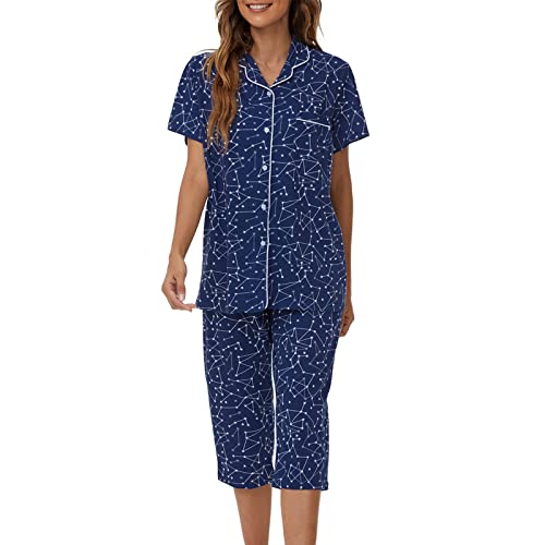 Image of Tugege Capri Pajamas Set Womens Button Down Short Sleeve Lounge Sets Sleepwear Notch Collar Top & Capri 2 Piece PJ Sets