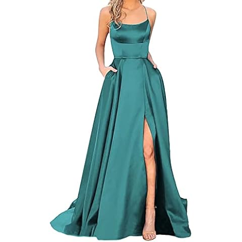 Howstar Spaghetti Straps Satin Prom Dress Women's Satin Prom Dresses Spaghetti Straps Backless Long Dress with High Slit Mermaid Formal Party Gown with Pocket Formal Dresses Mint Green Cover