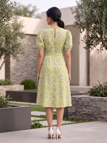 Image of HELLCAT Women Floral Fit & Flare Midi Dress | Round Neck, Puff Short Sleeve, Waist Tie-Up Belt | Casual Brunch Wear, Western One Piece, A-Line Long Frock, Summer Party Outfit