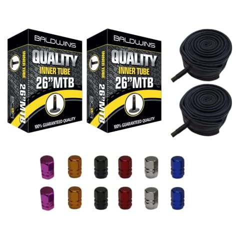 Baldwins PAIR 26'' Bike Inner Tubes 26'' x 1.75 to 2.125 (Fits any 1.75, 1.85, 1.90, 1.95, 2.0, 2.10, 2.125 Tyres) SCHRADER/CAR TYPE VALVES + PACK OF 12 COLOURED ALLOY DUST CAPS Cover
