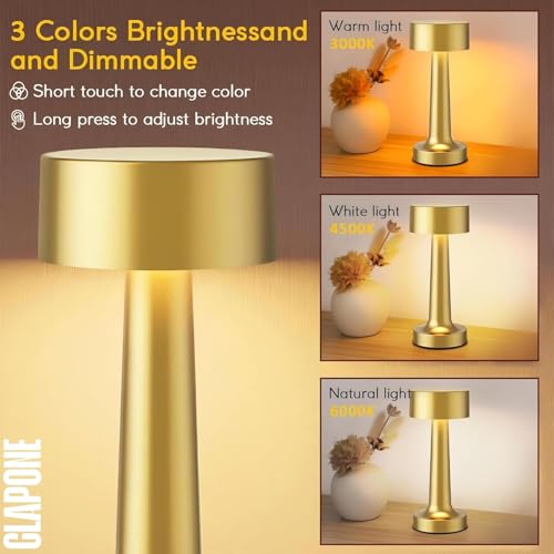Image of CLAPONE Portable Rechargeable LED Lamp, Touch Control with Stepless Brightness & 3 Color Modes, Metal Table Lamp for Bedroom, Desk & Nightstand