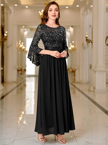 Image of Miusol Women's Formal Sparkle Sequin Lace Bell Sleeve Evening Party Maxi Dress