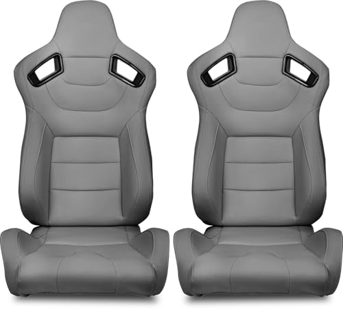 FREEMOTOR802 Racing Seats with Dual Lock Sliders, Universal For Most Cars Vehicles First Row, 1 Pair Reclinable Sport Bucket Seats, PU Carbon Fiber Look Leatherette, Gray