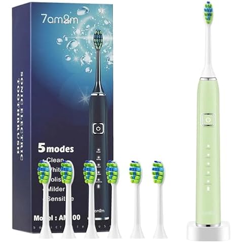 7AM2M Sonic Electric Toothbrush for Adults and Kids, One Charge for 90 Days, with 6 Brush Heads, 5 Modes with 2 Minutes Build in Smart Timer, Wireless Fast Charge (Green) Cover