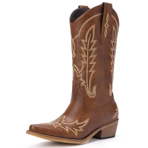 Rivalran Cowboy Boots for Women - Brown Cowgirl Boots with Embroidery, Chunky Heel Pointed Toe Pull-on Vintage Western Mid Calf Fashion Boots for Ladies US Size 8