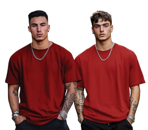 Image of Veirdo Solid Oversized 100% Pure Cotton Combo T-Shirt for Men & Boys (Half Sleeves, Round Neck, Drop Shoulder, Baggy Fit, Pack of 2, Available in S to 2XL