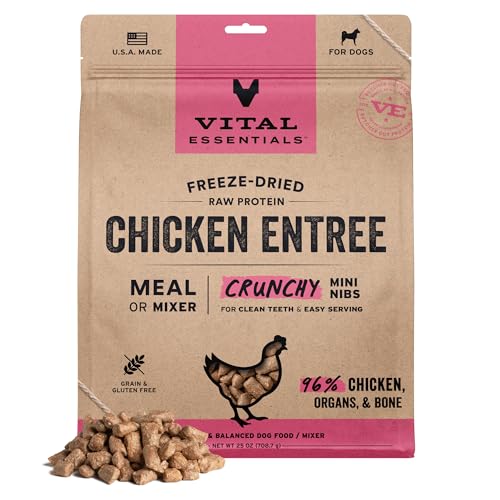 Image of Vital Essentials Freeze Dried Dog Food, Chicken Mini Nibs, 25 oz Bag | Crunchy, Complete Meal or Topper, Made With 96% Chicken, Organs & Bone, High Protein Raw Nutrition, Grain-Free Recipe