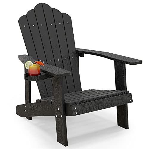 Image of Tangkula Oversized Adirondack Chair, Patio Lounge Chairs w /Adjustable Cup Holder, Hips Armchairs Slatted Chair, Outdoor Weather Resistant Fire Pit Chair for Deck Backyard Garden Porch (1, Black)