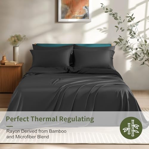 Image of Shilucheng 6 Piece California King Sheet Sets, Cooling Sheets, Blend Rayon Derived from Bamboo, Deep Pocket Up to 16 inch, Breathable & Soft Bed Sheets, Hotel Silky Bedding Set, Black