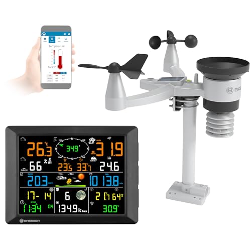 Bresser Stazione meteo, portata 1,5 km, Wi-Fi, sensore esterno 7 in 1, solare, UV, vento, pioggia, Wi-Fi upload, allarme, clima interno/esterno