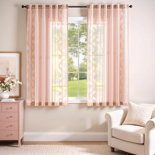 Image of jinchan Floral Sheer Curtains, Back Tab 50x63 Inch, 2 Panels Pink