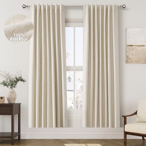 Image of Beige 100% Blackout Linen Curtains for Bedroom 72 Inches Long Back Tab Thermal Insulated Rustic Country Farmhouse Decor Black Out Curtain for Living Room Dining Room Neutral Drapes 52x72, 2 Panels