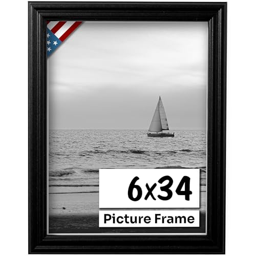 Black 6x34 Picture Frame, 0.75" Solid Wood with UV Plexiglass