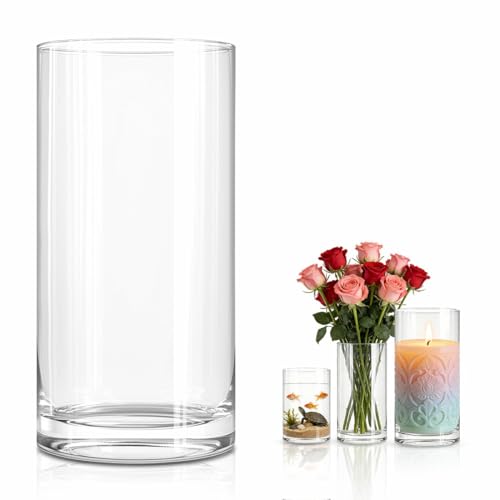 Yuragim Jarrón cilíndrico de Vidrio de 25 cm de Alto, Jarrón Cristal para Flores, Jarrones Decorativos Grandes, Arreglo Floral para Centros de Mesa, Sala de Estar, Cocina, Oficina, Boda (12x25 cm)