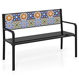 Tangkula 50' Metal Patio Park Bench, Modern Outdoor Classic Slatted Loveseat for 2-3 People with Curved Seat & Mosaic Backrest, Heavy-Duty Outdoor Seating for Backyard, Poolside, Porch