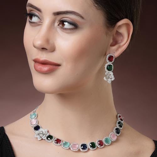 Image of ZENEME Jewellery Set Classic Style Rhodium Plated AD /American Diamond Studded Silver Plated Bejeweled Rose Necklace Jewellery Set for Women & Girls