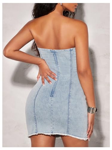 Floerns Women's Summer Strapless Raw Hem Tube Bodycon Denim Corset Mini Dress2