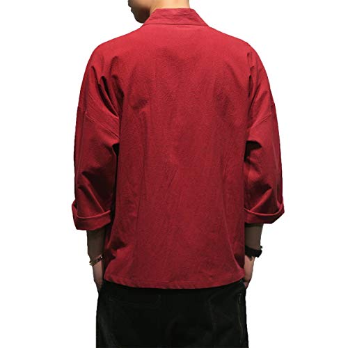 Image of Mens Kimono Cardigan Cotton Linen Japanese Shirt 3 /4 Sleeve Haori Yukata | Skin-Friendly Solid Color Lightweight Shawl Collar Kimono Robe Embroidery Button Tie Pockets Happi Coat All Season Daily Wear