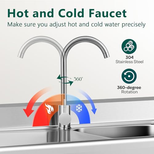 Stainless Steel Utility Sink, 47\" x 20\" x 37\" Freestanding Single Bowl Sink with Cold and Hot Water Pipe, Commercial Kitchen Utility Sinks for Laundry Room, Bathroom, Garage, Farmhouse