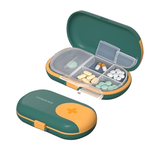 1 Pastillero con Cortador de Pastillas, Caja de Pastillas con 4 Compartimentos – Tomas, Organizador Medicación de Plástico ABS Portátil de tamaño Bolsillo - Verde