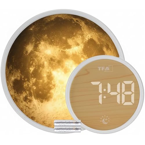 TFA Dostmann Lichtwecker digital mit Stimmungslicht, 60.2050, Mondfolie, Nachtlicht, Soluna Mini, Wecker, Sonnenaufgangs-Funktion, Einschlafhilfe, Ladefunktion (Weiß mit Batterien)