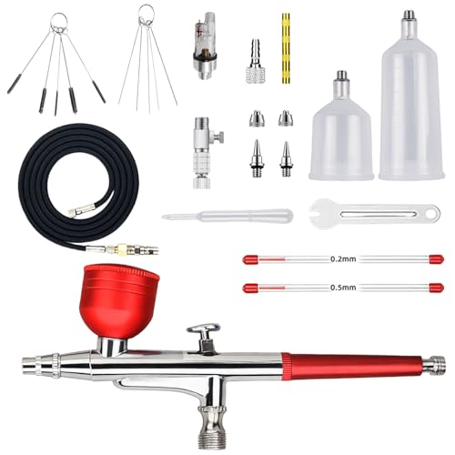 Behogan Airbrush Set Doppelaktion Airbrushpistole Kit, Tragbares Airbrush Set,Mehrzweck Tragba Air Brush Kit mit 0,2mm, 0,5mm Düsen,Becher und Reinigungsset,Airbrush Zubehör für Malen Tattoo Nail Art