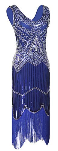1920s Gatsby Sequin Fringed Paisley Flapper Dress with 20s Accessories Set (S, Style Flower Blue)