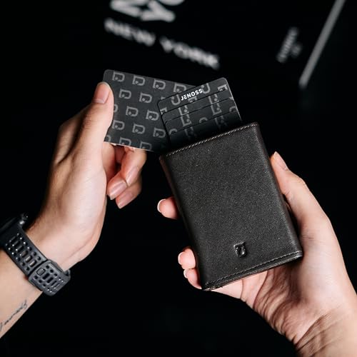 Image of Jenoss Smart Wallet For Men: Full Grain Leather, Handcrafted, Slide Metal Pop Up Case, Slim RFID Blocking Credit Card Holder, Minimalist, Compact - 9-12 Card Organizers | ID | Money Clip (EPI Brown)