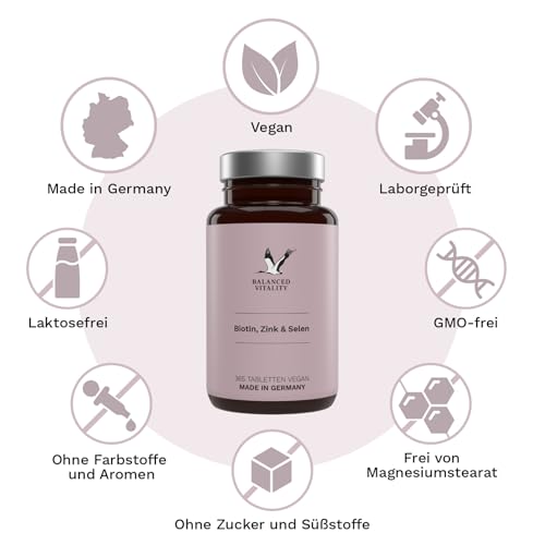 Biotin, Zink & Selen - 10000 µg Biotin, 10 mg Zink-Bisglycinat, 55 µg Selen - 365 vegane Tabletten - Haar-Vitamine im Jahresvorrat - für Haare, Haut & Nägel - ohne Zusatzstoffe - Balanced Vitality