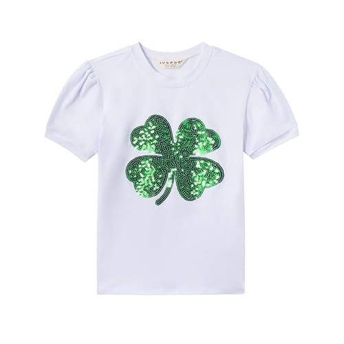 Girls' St. Patrick's Day T-Shirt, Pink with Green Sequin Shamrock, Short Sleeve
