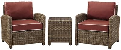 Crosley Furniture Bradenton 3-Piece Outdoor Chair and Side Table Set, Wicker Patio Conversation Sets, Brown with Sangria Cushions