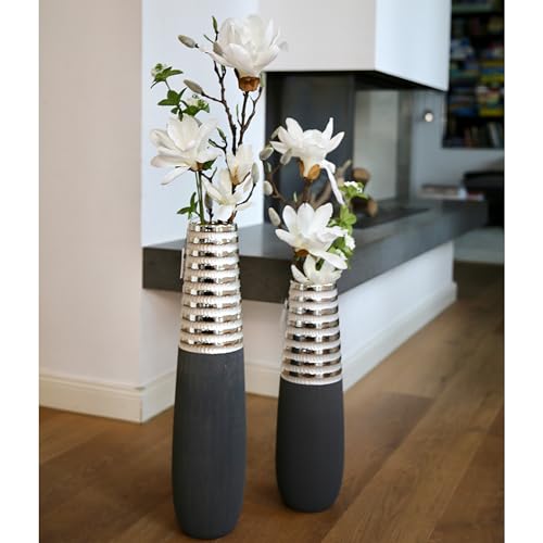 GILDE Deko Vase Bodenvase Newtown - Keramikvase - grau-matt - Silber-glänzend - Höhe 50 cm - Breite 15 cm